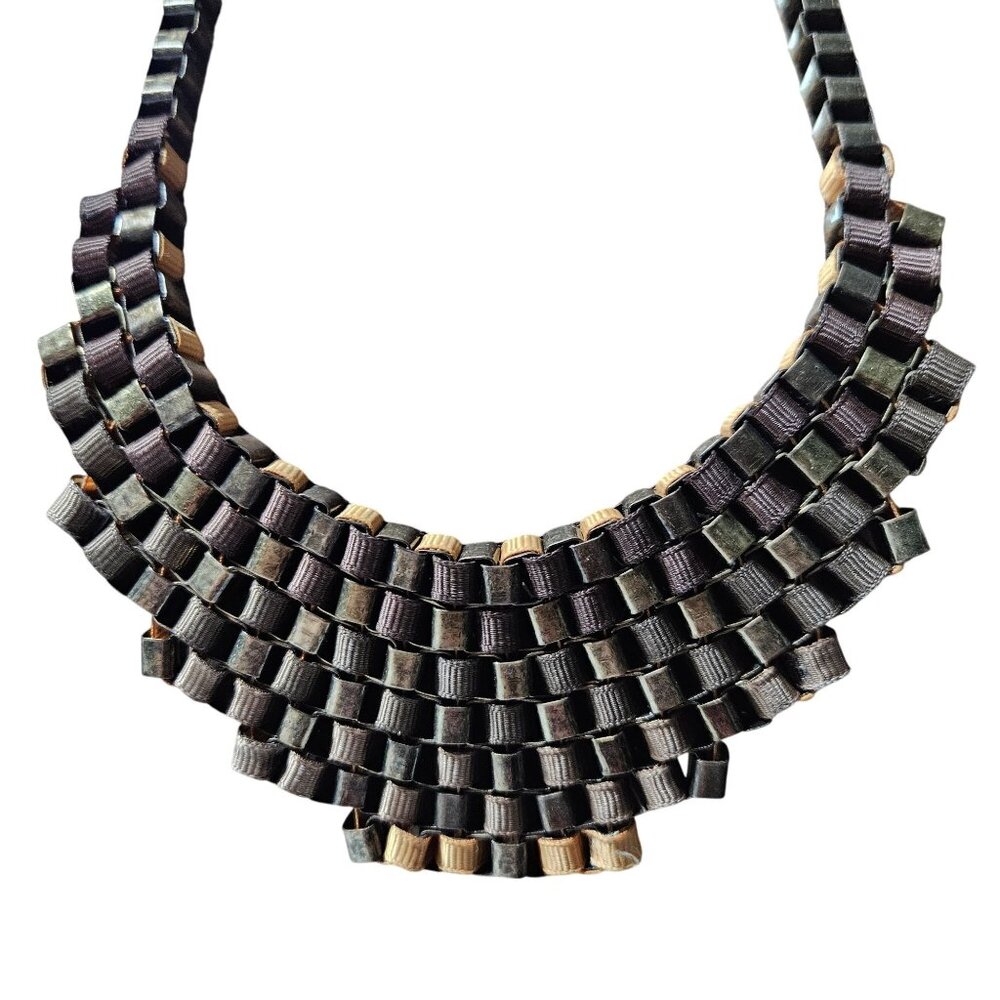 Chunky Bronze Gold Ribbon Woven Bib Necklace Tribal Statement Fashion Jewelry